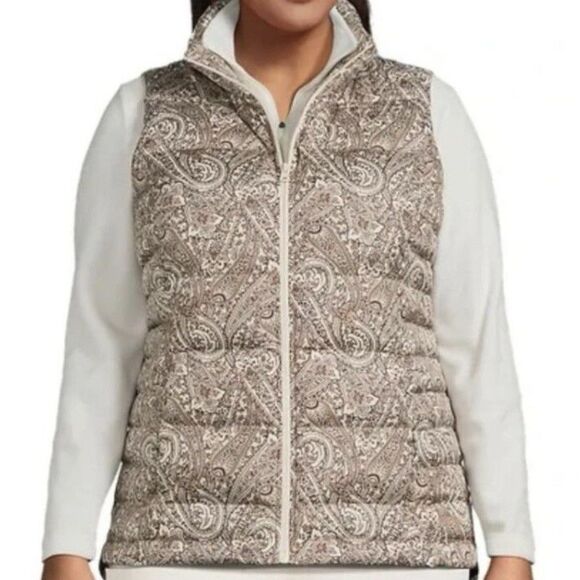 Land’s End Down Puffer Vest Full Zip Paisley Print Warm Tawny Brown Cream 2X New - Picture 12 of 12